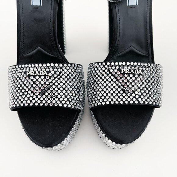 Prada Embellished Satin Platform Sandals with Crystals Logo 38.5 - Picture 8 of 14